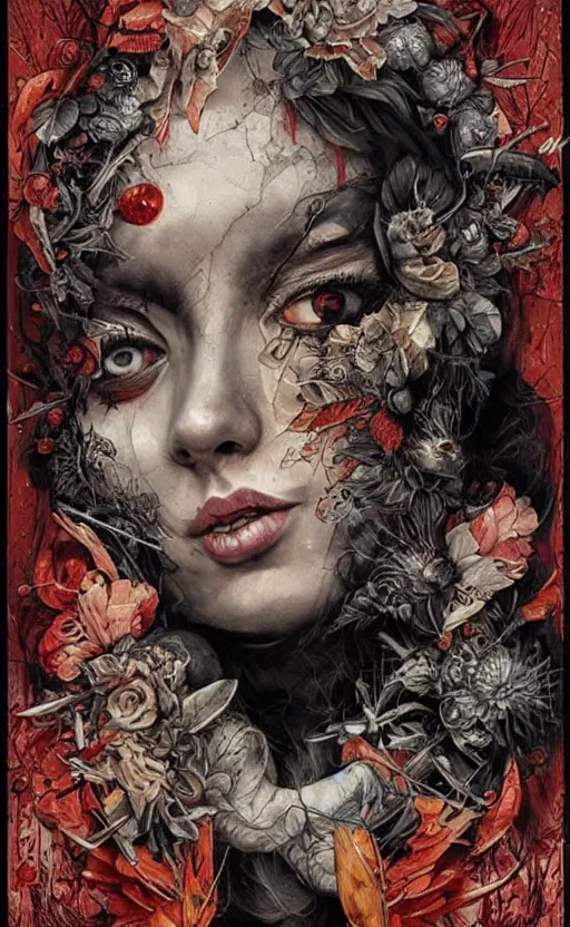 Image similar to a horror tarot card design with intricate details :: Sandra Chevrier and bastien lecouffe deharme