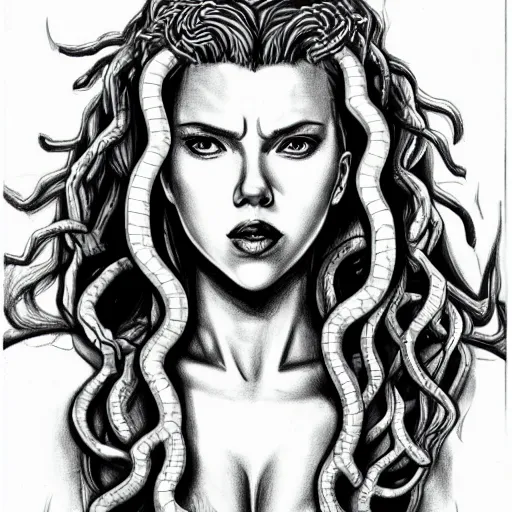 Image similar to pencil drawing of scarlett johansson as medusa wearing snakes in her head in the berserk manga, smiling expression showing fangs, big snakes heads, by kentaro miura