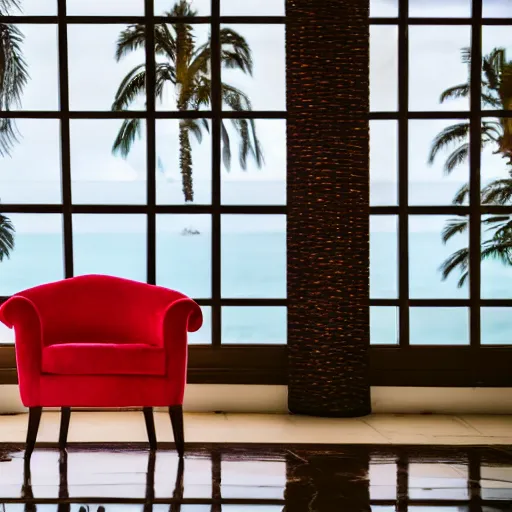 Prompt: a baby harp seal holding a box marked top secret in red letters, sitting on a beautiful leather chair at a luxury resort, palm trees outside the windows, panasonic, photo, gentle bokeh