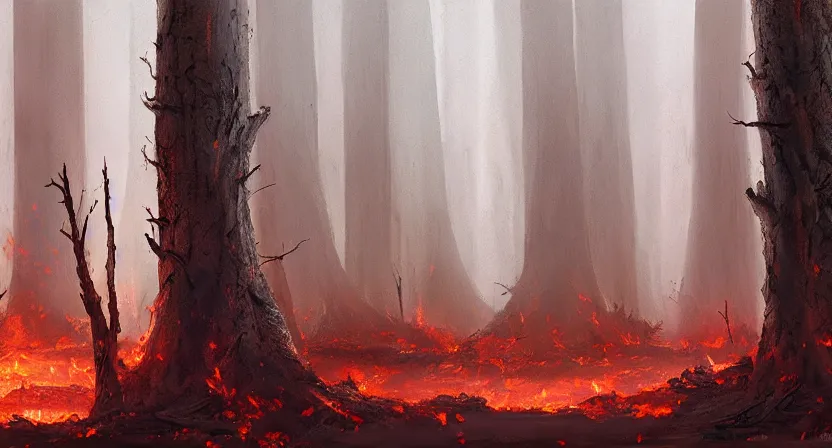 Image similar to a barren lifeless forest with burned trees concept art by Doug Chiang cinematic, realistic painting, high definition, very detailed, extremely high detail, photo realistic, concept art, red color palette, the Mandalorian concept art style