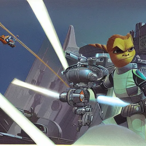 Image similar to ralph mcquarrie concept art for ratchet & clank, matte scene