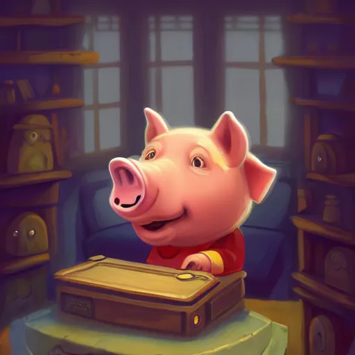 Prompt: a cartoonish cute anthropomorphic pig playing video games, in a comfy house, warm lighting, magical atmosphere, trending on artstation, 30mm, by Noah Bradley trending on ArtStation, deviantart, high detail, stylized portrait