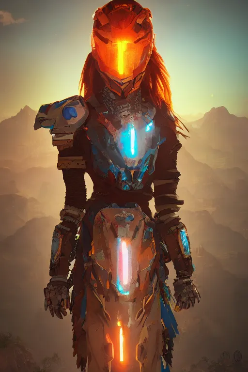 Image similar to combination suit armor aloy horizon forbidden west horizon zero dawn radiating a glowing aura global illumination ray tracing hdr fanart arstation by ian pesty and alena aenami artworks in 4 k tribal robot ninja mask helmet backpack