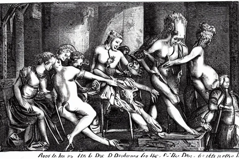 Prompt: 1 8 th century engraving illustrating a novel by the marquis de sade