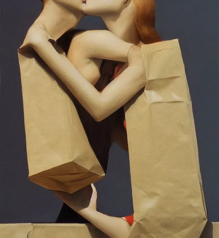 Prompt: paperbags kissing passionately through paper bag, exposed back, artstation, art by, , edward hopper, Zdzislaw Beksinski, highly detailed