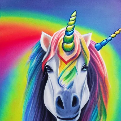 Prompt: a cinematic image of an unicorn walking on a rainbow low saturation Matt painting