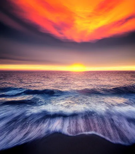 Prompt: sunrise over ocean, partially cloudy sky, infinite horizon : : award winning photography, golden ration composition, fine art, hdri, 6 - stop graduated neutral density filter, proper exposure, filmic, color graded