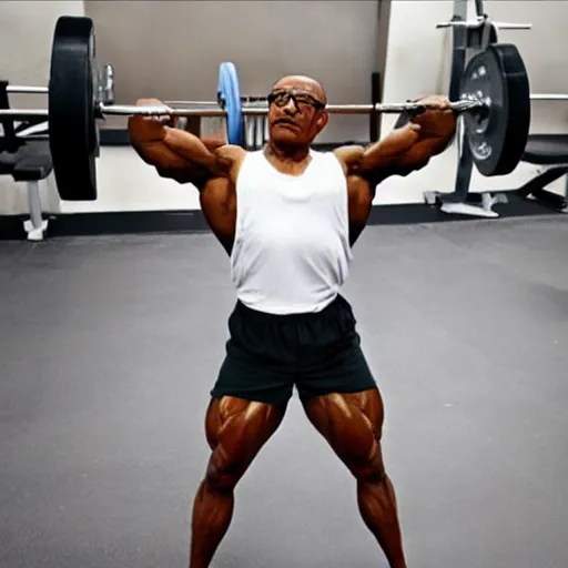 Image similar to photo of Gustavo Fring as a Bodybuilder in a gym, realistic, full body, 4k, dramatic, real