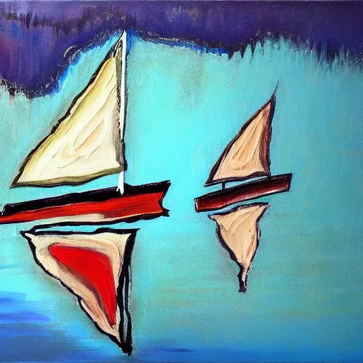 Image similar to a painting of a sailboat floating on a body of water, an abstract painting by ted degrazia, reddit contest winner, lyrical abstraction, mixed media, acrylic art, oil on canvas