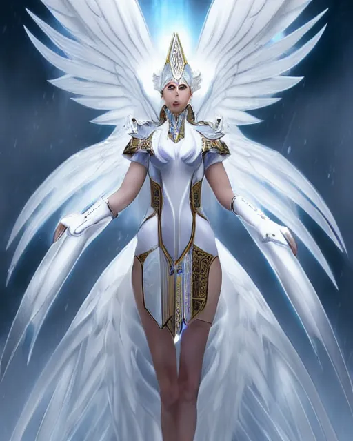 Prompt: perfect ornate white haired attractive egyptian goddess with huge white dove wings, warframe armor, beautiful, symmetric, dreamy, half asian, pretty face, blue eyes, detailed, scifi platform, laboratory, experiment, 4 k, ultra realistic, epic lighting, android body, illuminated, cinematic, masterpiece, art by akihito tsukushi, voidstar