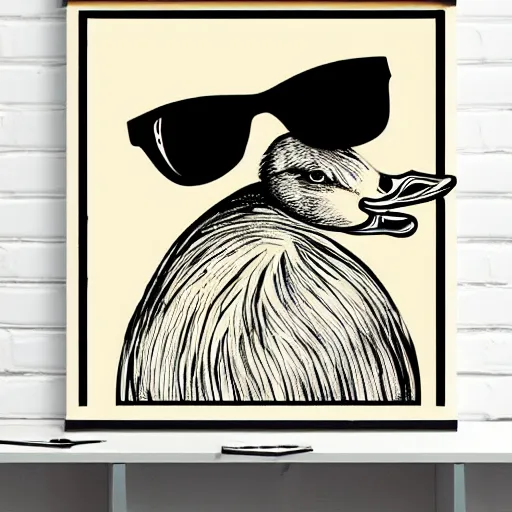 Prompt: a graphic of a duck wearing sunglasses, funky poster art