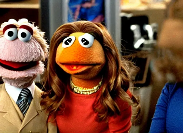 Image similar to film still of muppet!!!!! pam beesly!!!! as a muppet muppet muppet as a muppet in the tv show the muppet office