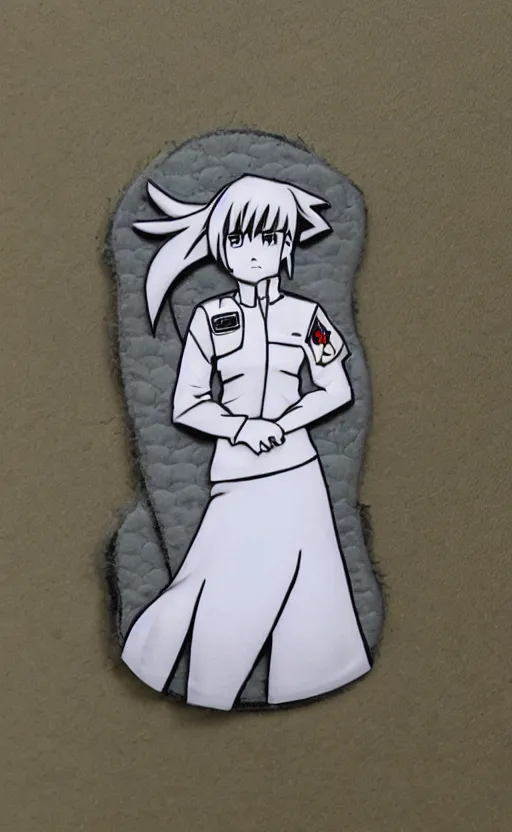 Prompt: girl, by masashi kishimoto, photo of silicone patch, insignia, soldier clothing, military gear