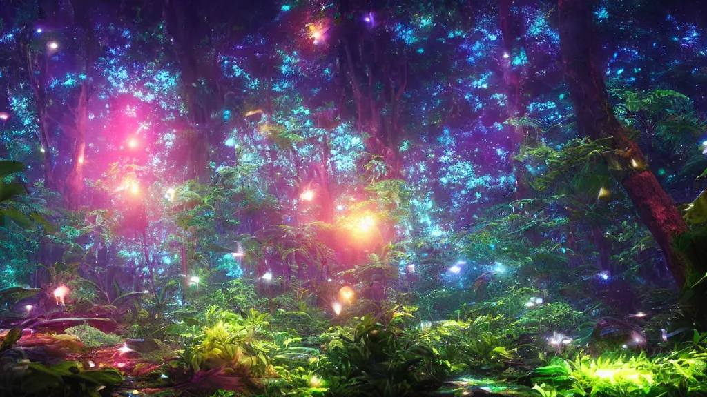 Image similar to beautiful lush magic glimmering mana forest, night sky with dazzling stars, fairies, fireflies, bokeh, octane render, unreal engine, raytracing, crystallized, intricate, hyper detailed, light rays, high quality cinematic anime style art