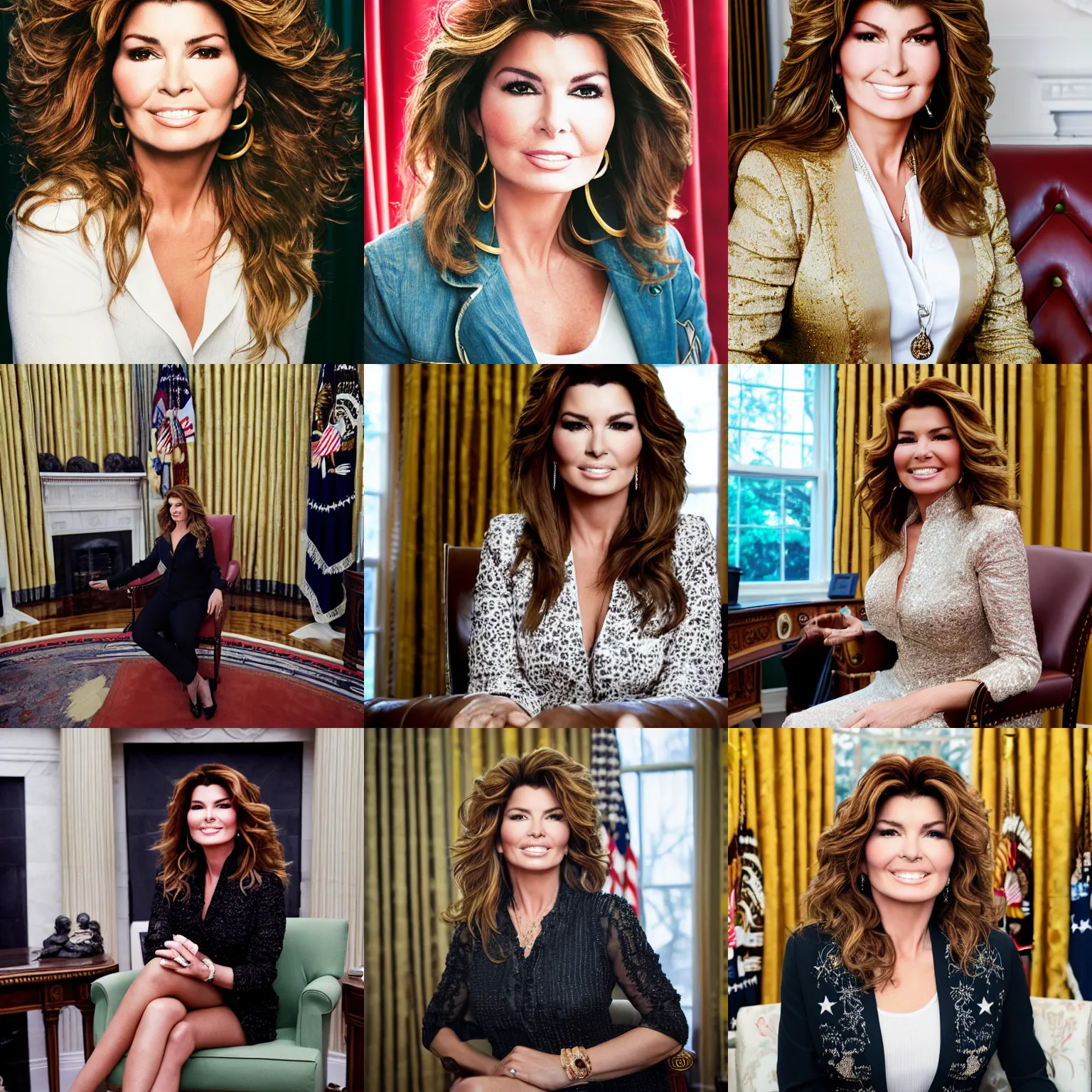 Prompt: headshot of shania twain as the president of the united states sitting in the oval office, EOS-1D, f/1.4, ISO 200, 1/160s, 8K, RAW, unedited, symmetrical balance, in-frame, Photoshop, Nvidia, Topaz AI