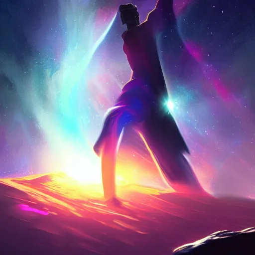Image similar to digital painting of a man ascending to galactical bliss, stars and nebulas behind, dynamic lighting, cinematic shot, concept art, sci - fi, fantasy, artstation
