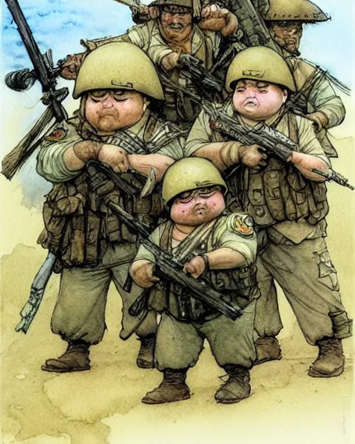 Prompt: a realistic and atmospheric watercolour fantasy character concept art portrait of a fat adorable chibi pugs as soldiers in vietnam, by rebecca guay, michael kaluta, charles vess and jean moebius giraud