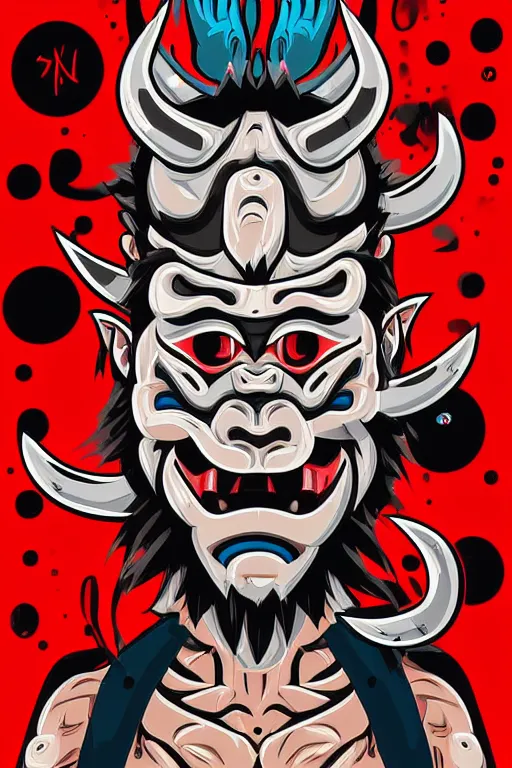 Image similar to some japanese guy wearing oni mask, and bring skateboard, hang out with homies. pop art, without duplicating image!!!, symmetrical, extreme details, digital painting, vector image, concept art, smooth, sharp focus, illustration, intricate, art by richard hamilton and mimmo rottela, pixels art by kirokaze and paul robertson