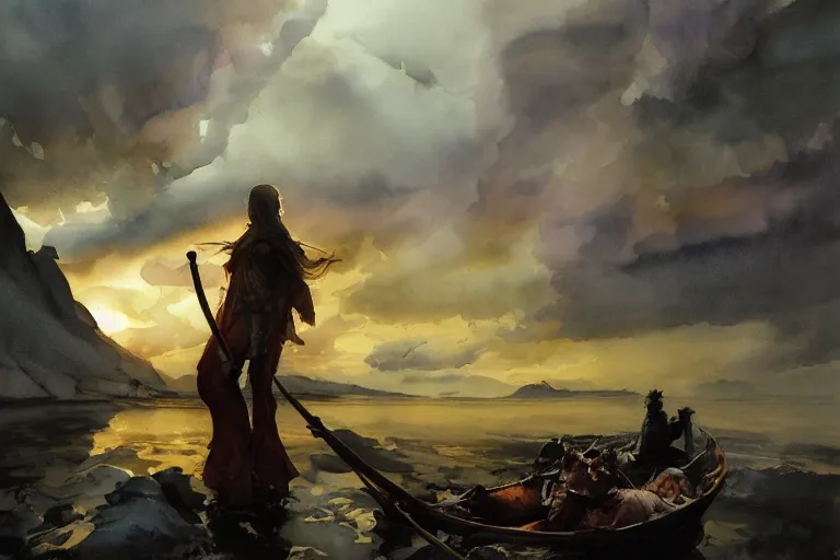 Prompt: watercolor painting of scandinavian mythology, magical, ambient lighting, art by hans gude, art by hans dahl, by jesper ejsing, art by anders zorn, wonderful masterpiece by greg rutkowski, cinematic light, american romanticism by greg manchess, creation by tyler edlin, heavy clouds and sun