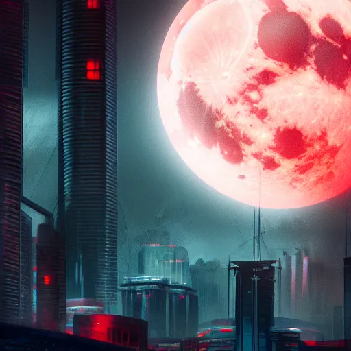 Prompt: blood red cresent moon, cyberpunk