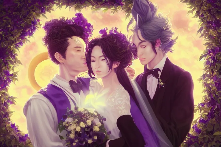 Image similar to a cinematic portrait of wedding photograph jpeg close up moment of a divine a japan sun god and moon goddess lovers magician at a wedding banquet. portraiture. digital painting. artstation. concept art. wedding photo. digital painting. violet evergarden art masterpiece by art by krenz cushart