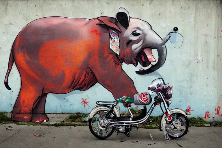 Image similar to a graffiti illustration by stom 5 0 0 and etam cru, of red pandas riding an elephant motorbike