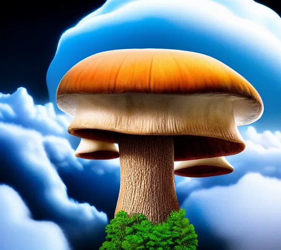 Prompt: a giant mushroom that stretches above the clouds with buildings inside the cap. highly detailed 8 k. intricate. lifelike. soft light. nikon d 8 5 0. cinematic post - processing