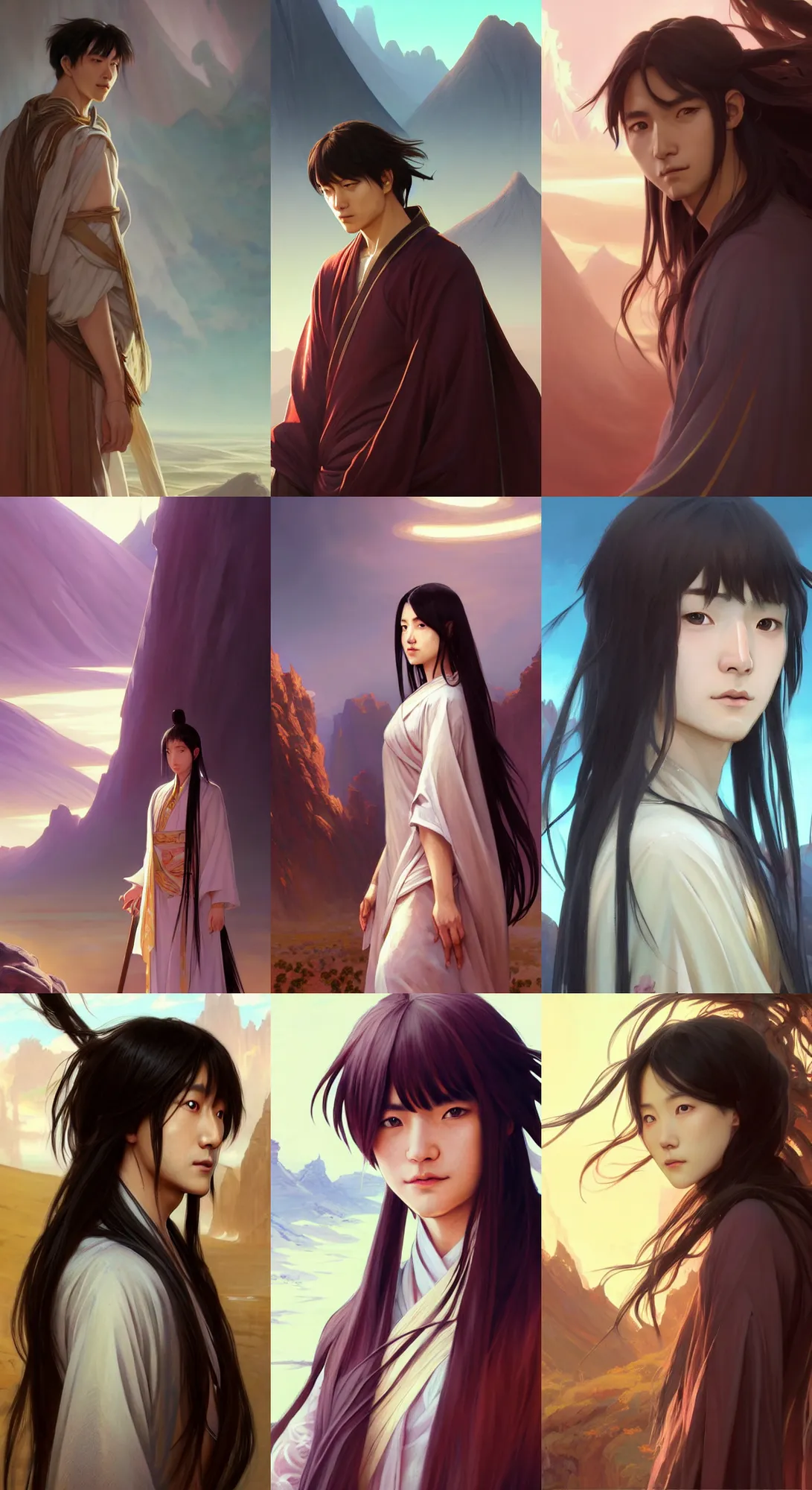 Prompt: (Portrait of xianxia Jungkook with long straight hair, digital painting, artstation, concept art, sharp focus, illustration, art by greg rutkowski and alphonse mucha),(Background is a screenshot of the desert by krenz cushart, pixiv contest winner, action painting, 2d game art, official art, award-winning, art by Studio Ghibli, by Chris Moore, high details, afternoon overexposed sunlight, strong shadows)