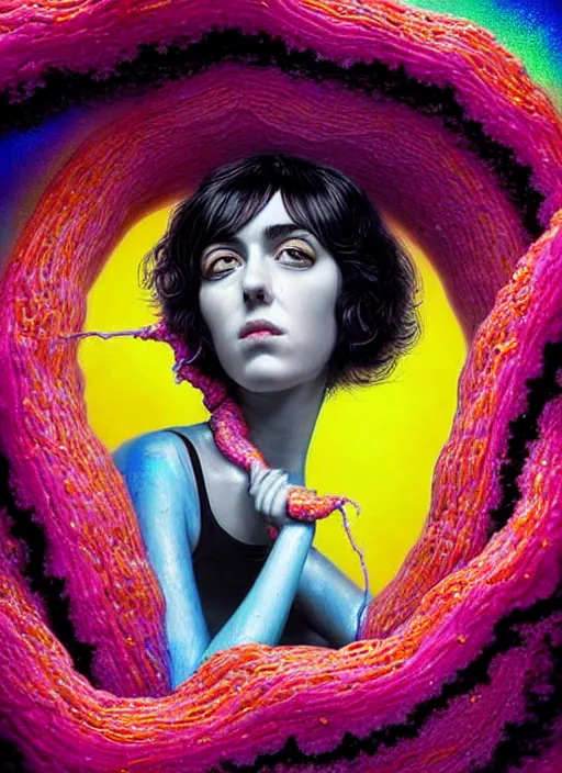 Prompt: hyper detailed 3d render like a Oil painting - Ramona Flowers with black hair in thick mascara seen Eating of the Strangling network of colorful yellowcake and aerochrome and milky Fruit and Her delicate Hands hold of gossamer polyp blossoms bring iridescent fungal flowers whose spores black the foolish stars, black eyes, Jacek Yerka, Mariusz Lewandowski, Houdini algorithmic generative render, Abstract brush strokes, black intense eyes, choke smirk smile grin, Masterpiece, Edward Hopper and James Gilleard, Zdzislaw Beksinski, Mark Ryden, Wolfgang Lettl, Dan Hiller, hints of Yayoi Kasuma, octane render, 8k