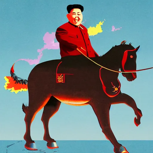 Image similar to Kim Jong-Un riding a nuclear rocket, detailed face, high resolution, illustration, art