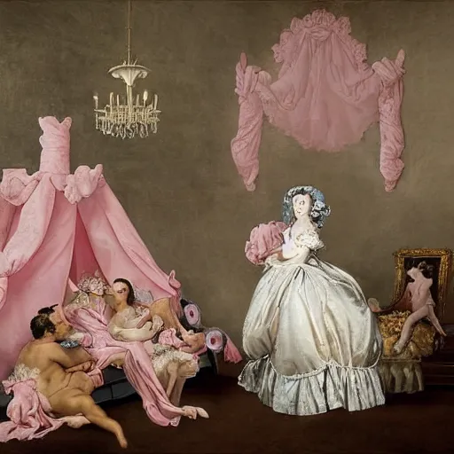 Prompt: pugs heaven on pink clouds adopts the language of Rococo, reimagining the dynamism of works by eighteenth-century artists such as Giovanni Battista Tiepolo, François Boucher, Nicolas Lancret and Jean-Antoine Watteau through a filter of contemporary cultural references including film, food and consumerism