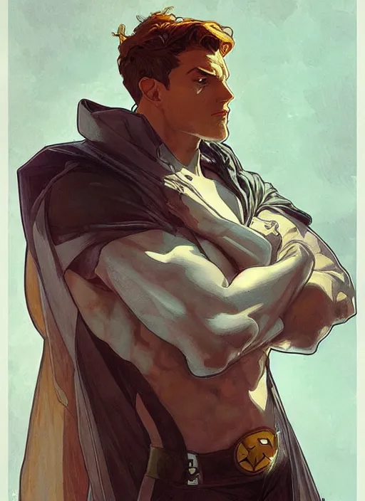 Prompt: a handsome man. he is a superhero, dressed as a superhero. clean elegant painting, beautiful detailed face. by artgerm and greg rutkowski and alphonse mucha n - 6