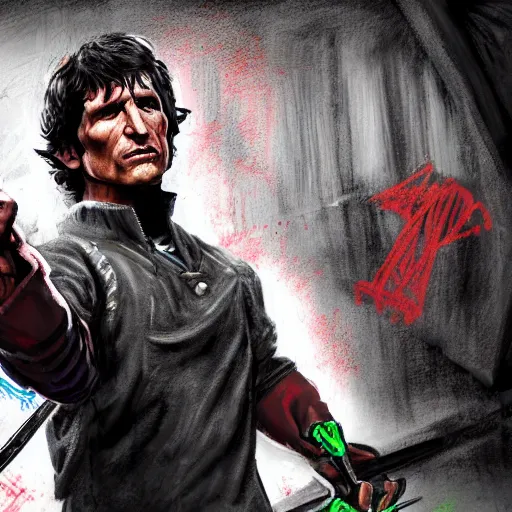 Prompt: todd howard with a switchblade in a alleyway, forcing you to buy skyrim, threatening, sharp, cinematic, colorful, digital art, neon, bright, realism, bold