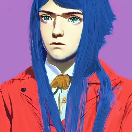 Prompt: ilya kuvshinov with long hair, sky blue hair, gold eyes, hazel eyes, amber eyes, boyish face, professional digital painting, concept art, award - winning photography, cinematic, forest background, thin fur scarf, awe, regal, wlop, art by andy warhol, pixiv art, yoshitaka amano