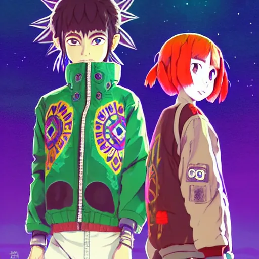 Image similar to majora majora's mask wearing oversized mayan bomber jacket with overalls, bulky poofy bomber jacket with mayan patterns, aztec street fashion, botw art style, gapmoe yandere grimdark, trending on pixiv fanbox, painted by greg rutkowski makoto shinkai takashi takeuchi studio ghibli, akihiko yoshida