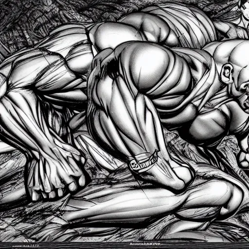 Prompt: a crawling mountain of muscles, highly detailed, manga, award winning pictures, by studio mappa, by studio wit