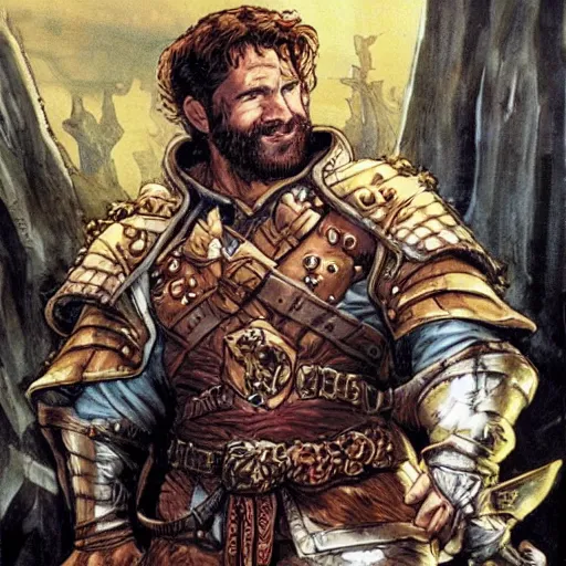 Prompt: ryan reynolds as a d & d dwarven cleric, by simon bisley