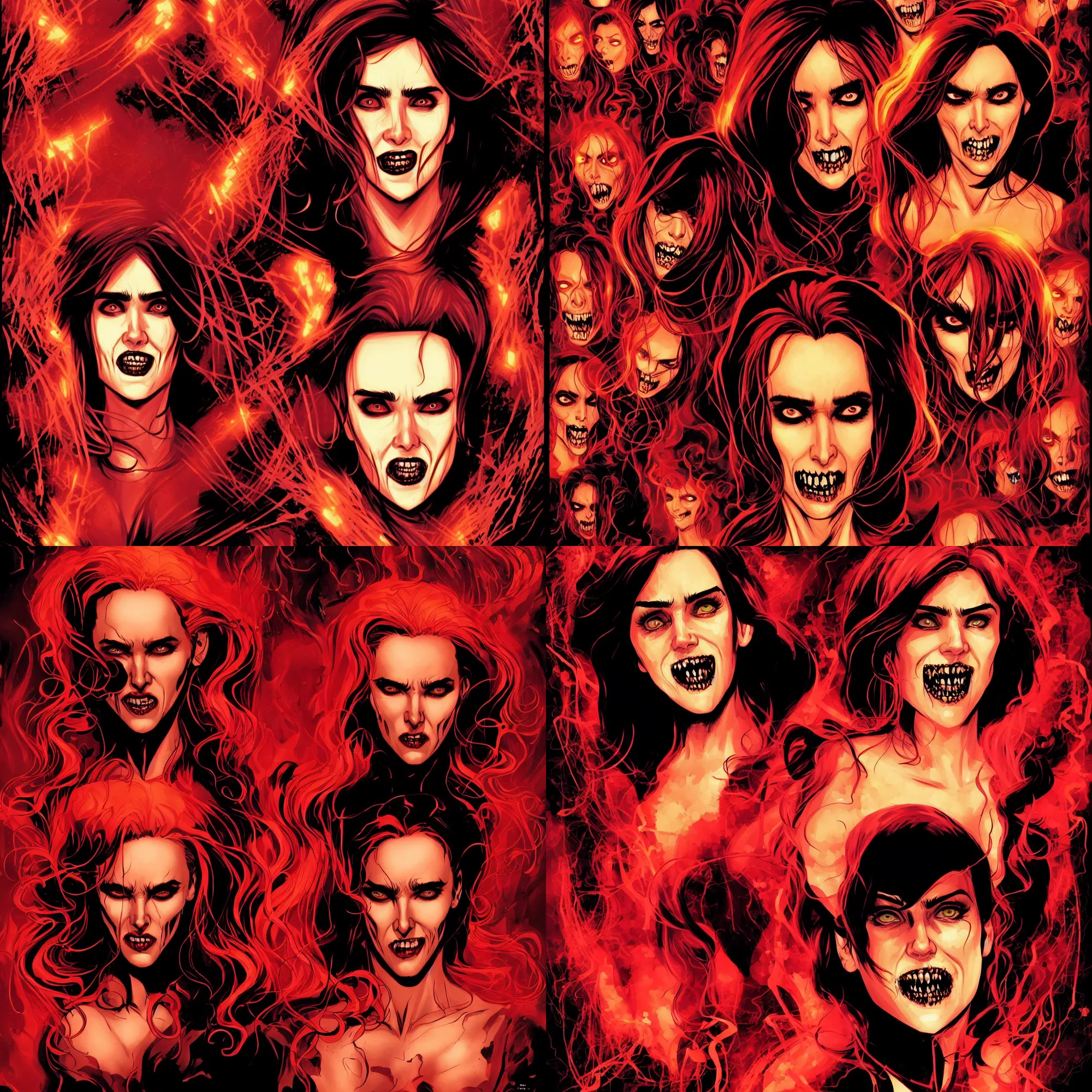 Prompt: in the style of Rafael Albuquerque comicbook cover art, beautiful scary female vampire, Jennifer Connelly single woman, glowing red and gold hair, smiling, sharp teeth, clear clean face, two perfect eyes, perfect eyes perfect symmetrical eyes, symmetrical face, sarcastic pose, surrounded by various kinds of demons, dark and smoky background