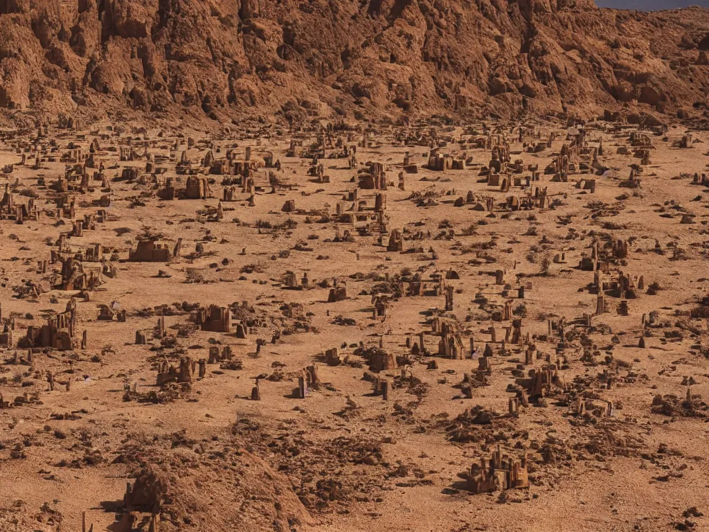 Image similar to the line of bene gesserit people in full - face golden glowing masks in a dry rocky desert landscape with ancient abandoned city beneath the sand,!!!!!! giant alien spaceship in the sky!!!!!! by christopher doyle and alejandro jodorowsky, anamorphic lens, kodakchrome, cinematic composition, very detailed photo, 8 k,