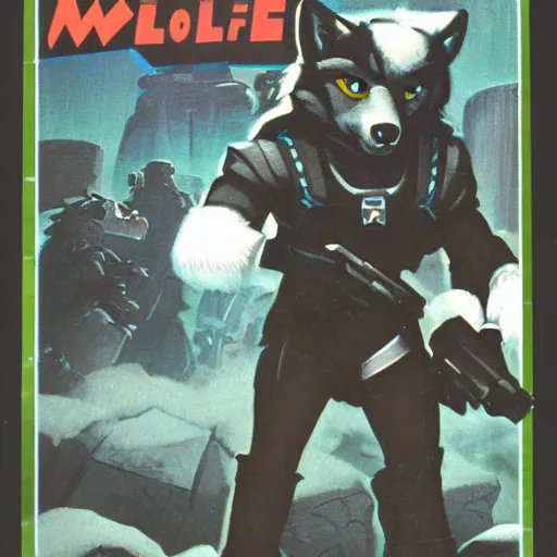 Image similar to 1 9 8 0 s video game art of anthropomorphic wolf o'donnell from starfox fursona furry wolf in a dark space mercenary uniform, looking heroic, magazine scan, 8 0 s game box art, dark grey wolf o'donnell