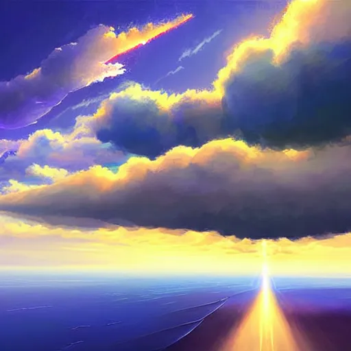 Prompt: digital painting, sky whale flying through clouds. dramatic lighting. god rays. by artem rhads chebokha