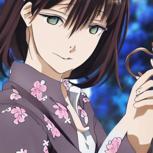 Image similar to Detailed anime key visual of a beautiful Japanese woman with short brown hair, shoulder-length; wearing a white shirt with a floral pattern; Official media