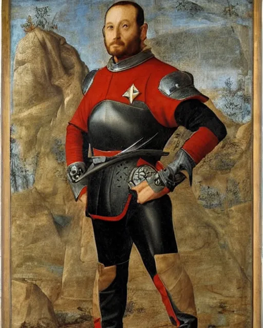 Image similar to starfleet uniform, a knight of the round table in starfleet uniform, by agnolo bronzino and giovanni bellini