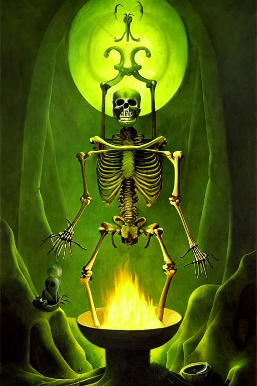 Image similar to hieronymus bosch, greg rutkowski, anna podedworna, painting of a skeleton wizard burning with green fire, green glowing runes, evil glow, light from cracks in ground