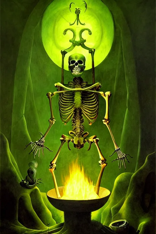 Prompt: hieronymus bosch, greg rutkowski, anna podedworna, painting of a skeleton wizard burning with green fire, green glowing runes, evil glow, light from cracks in ground