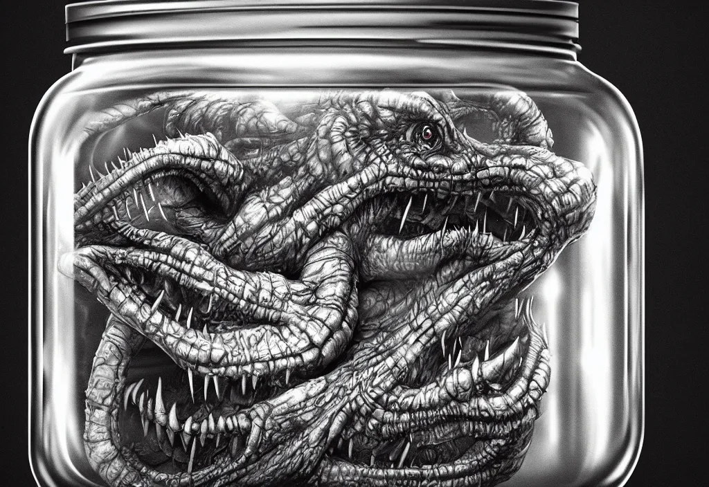 Image similar to Photorealistic miniature monster inside a jar on clean background by H.R. Giger, KDA and Sam Yang, trending on artstation