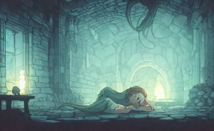 Image similar to a cthulu monster sleeping in a ancient stone room, crystal lights, resident evil, sci - fi atmosphere, cel - shading, cinematic, artstation, studio ghibli, miyazaki, highly details