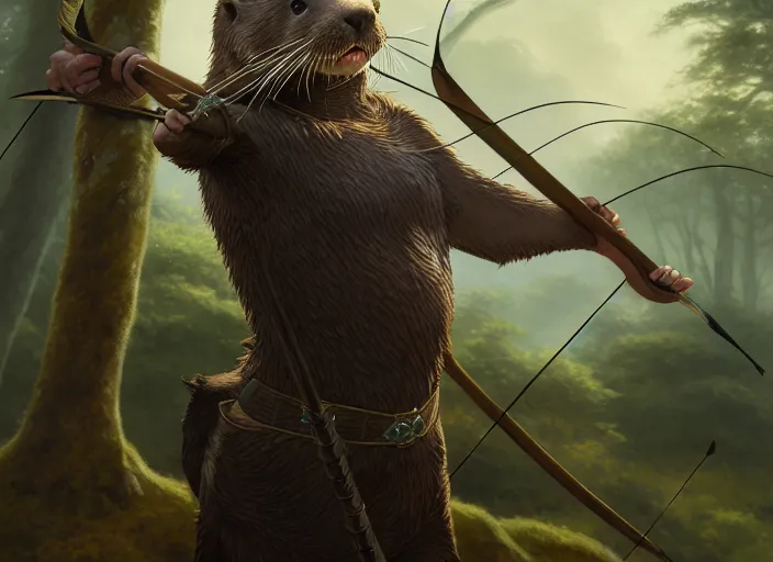 Image similar to a film still portrait of an otter elven archer, finely detailed features, cinematic lighting, perfect art, redwall woodland, forest, intricate, anime, gapmoe grimdark, artstation, trending on pixiv fanbox, painted by brian jacques greg rutkowski, studio ghibli, 4 k