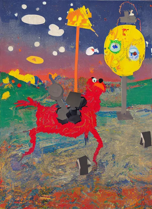 Prompt: expressionistic decollage painting, trash can tarot card fool with sesame street elmo and kermit muppet knight on a horse in a dark red cloudy night sky with golden foil jewish stars, mountain lake and blossoming field in background painted by adrian ghenie, francis bacon, daniel richter and hilma af klint, pixel art, buff painting, color field painting, low effort graffiti, rich deep colors, ultra naive, children painting, cy twombly painting, part by Philip Guston and Frank Stella art by Rothko, 8k, extreme detail, intricate detail, masterpiece