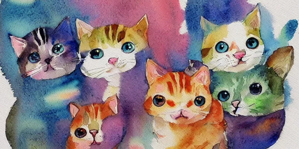 Prompt: watercolor illustration style, cute! cats!!! play with different things